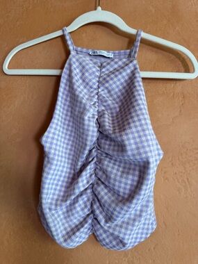 Zara Ruched Gingham Tank Top Fitted Stretch Summer Crop Small Trendy